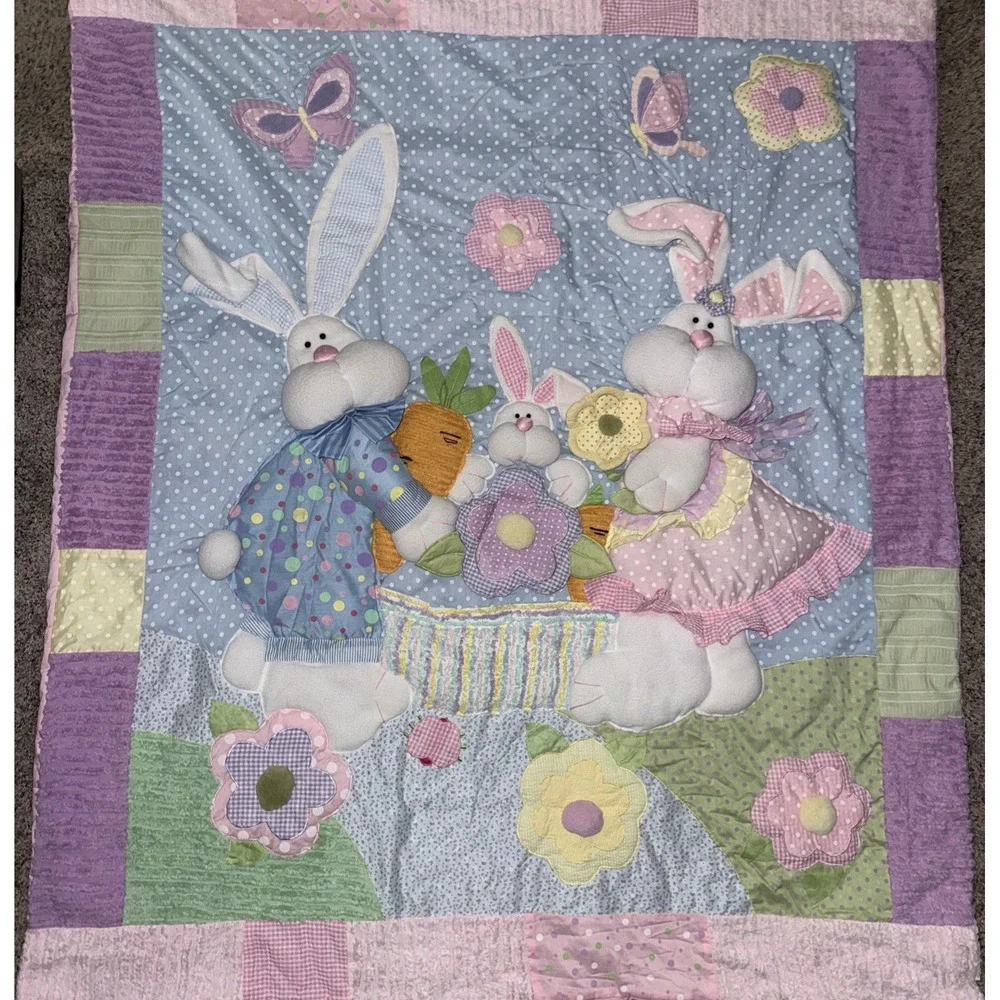 Vintage‎ Baby Bunny Patchwork Quilt 3D Appliqué Pastel Nursery Quilt 58x50